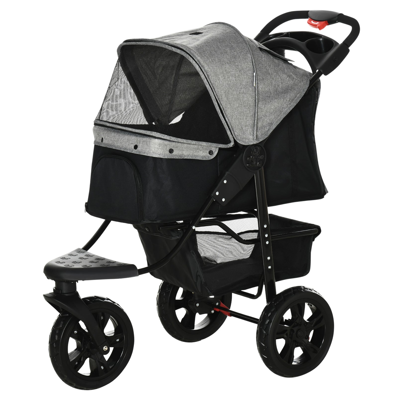 Folding 3 Wheel Pet Stroller Travel Adjustable Canopy Storage Brake | Grey