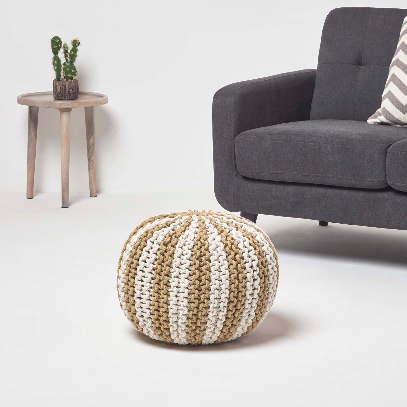 Knitted Pouffe Striped Footstool | 40cm x 30cm | Cream