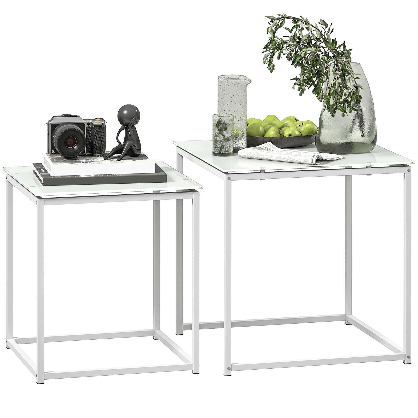 HOMCOM Nest Of 2 Side Tables Set Of Bedside Tables For Living Room White