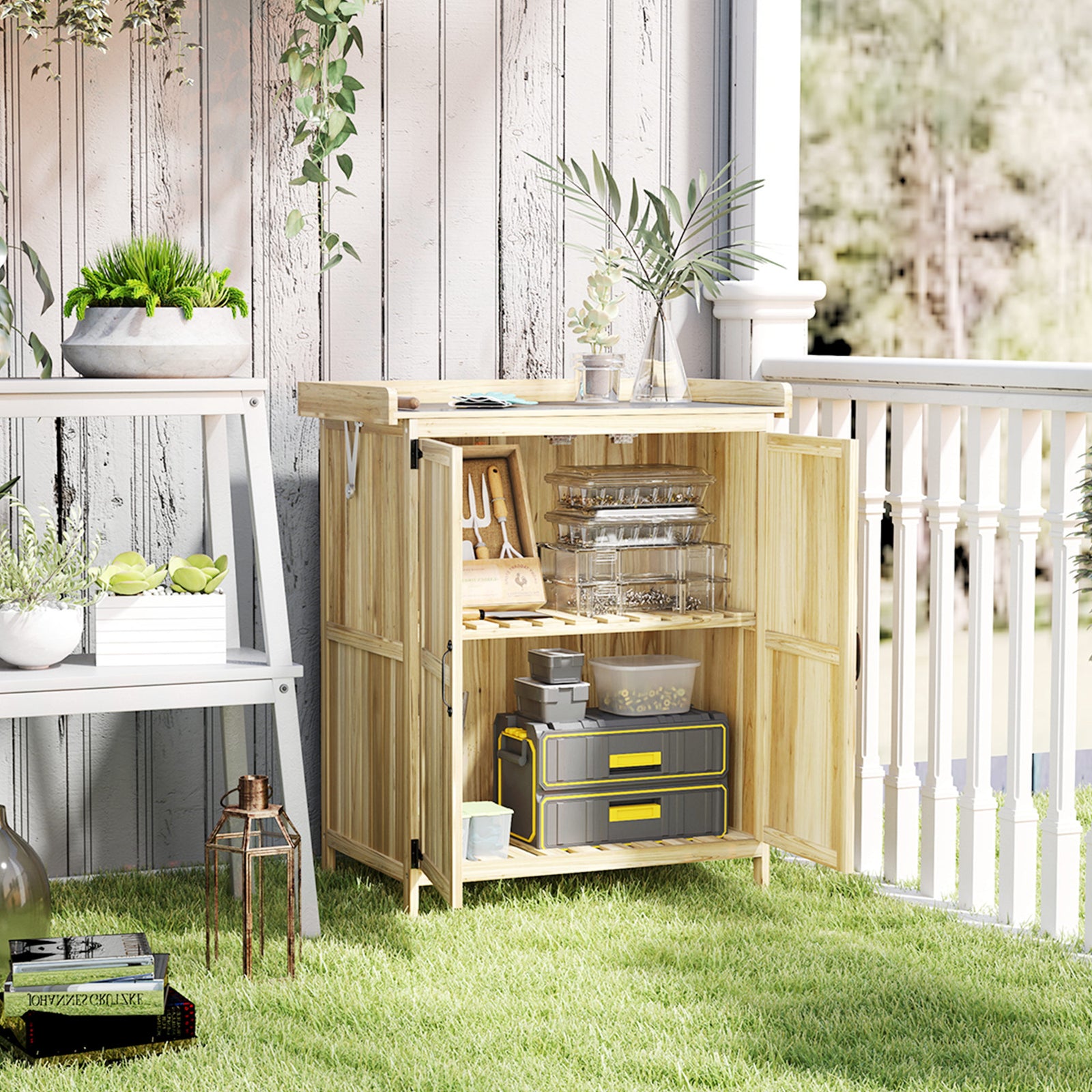 Wooden Garden Storage Shed W/hinged Roof And Shelf | Natural