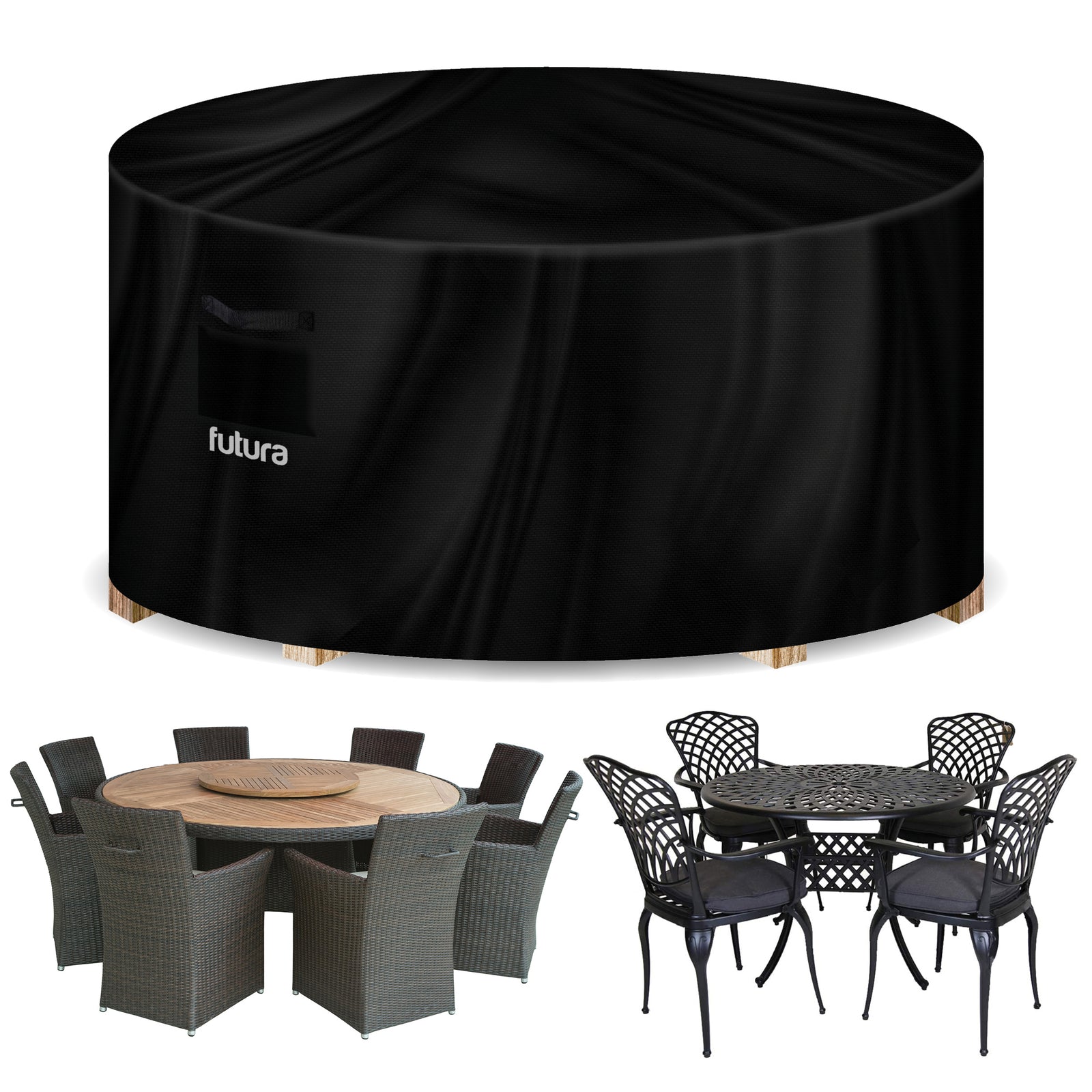 Premium Round Waterproof Garden Furniture Cover, Outdoor Patio Weatherproof Rattan Table & Chair Set Guard | 230 x 100cm | Black