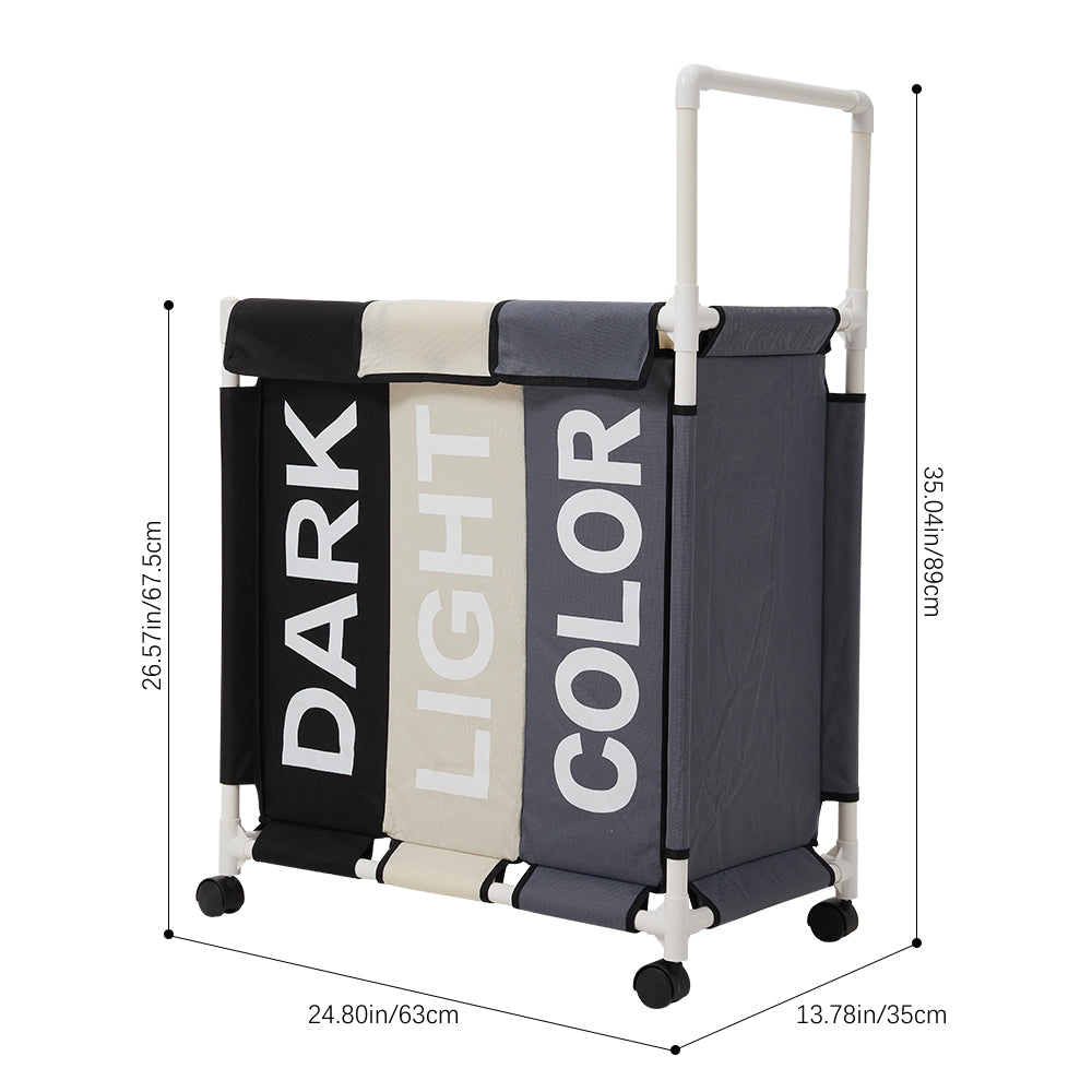 110l 3-section Laundry Basket With Lid And Wheels