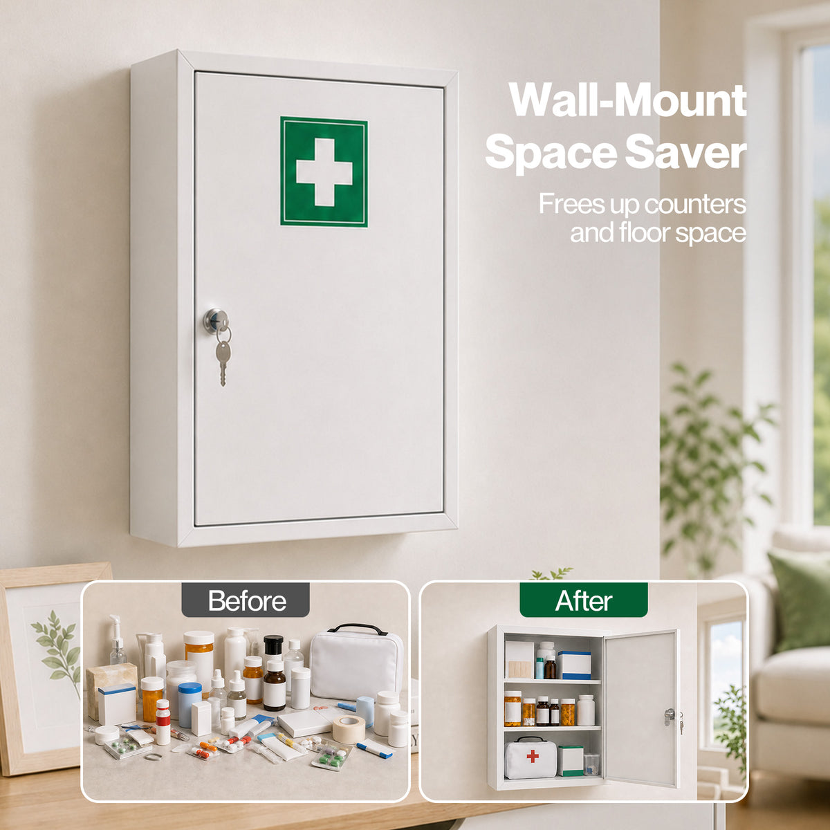 Medicine Cabinet Lockable Wall Mounted Storage Box Metal Home,white