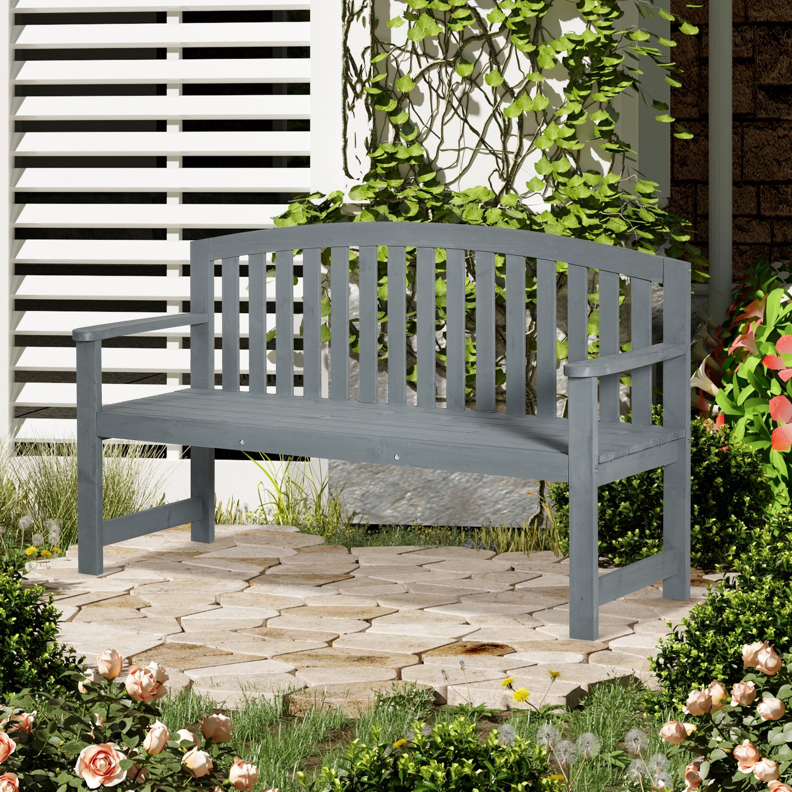 Wooden Garden Bench 2 Seater Slatted Seat With Arm For Patio | Gray