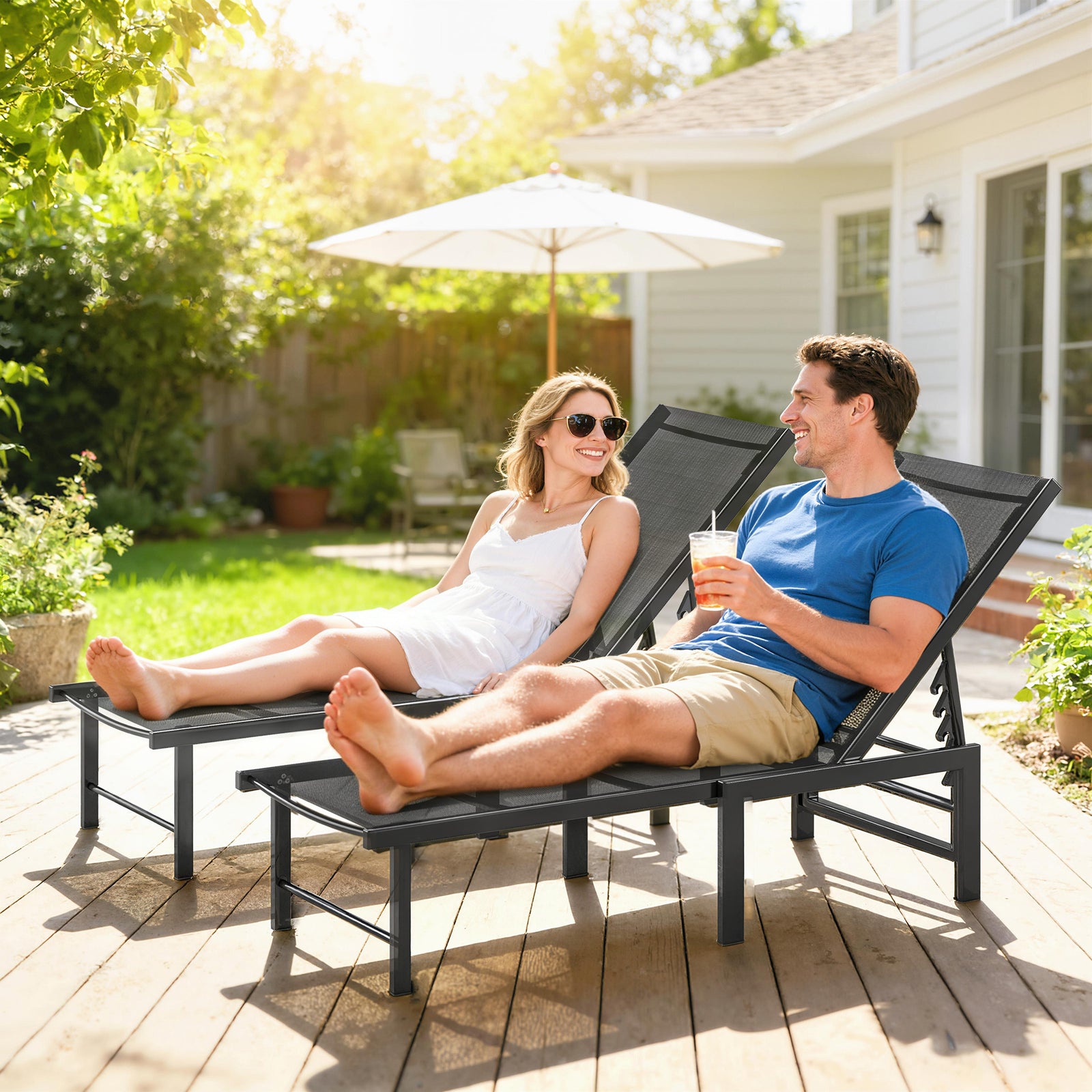 Sun Loungers Set Of 2, 5-level Reclining Sunbeds | Black