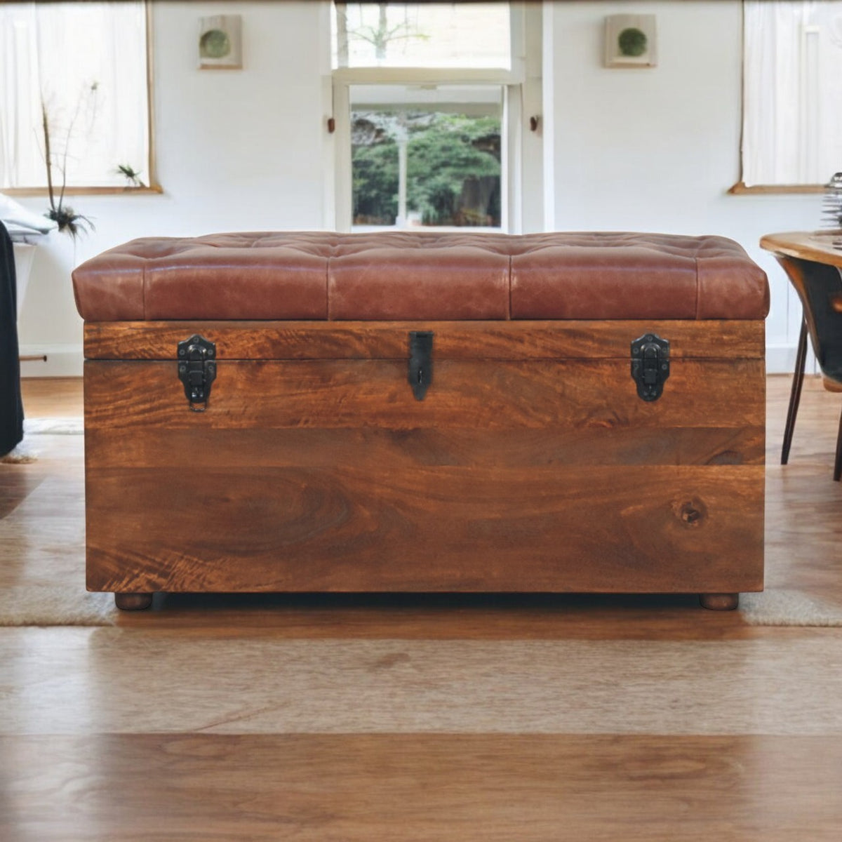 Solid Wood Brown Buffalo Hide Leather Storage Trunk
