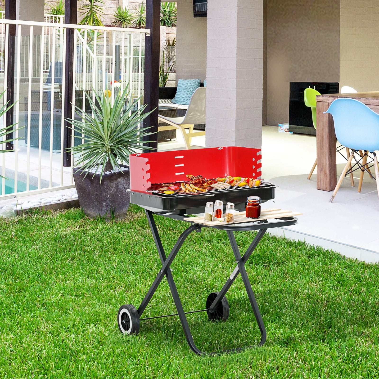 Charcoal Bbq, Trolley, Windshield, Wheels | Black