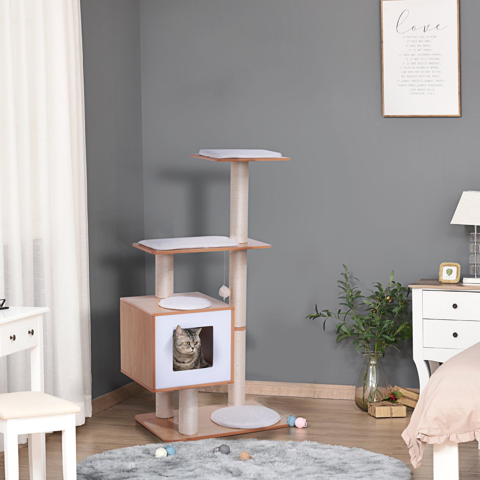 Wood Cat Tree Tower Scratching Post Kitten Activity Centre W/ Cushion