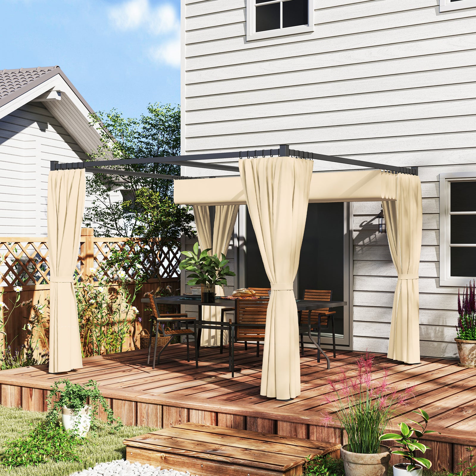 3 X 3(m) Pergola With Retractable Roof And Curtains | Khaki