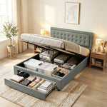 HOMCOM Pu Leather King Bed Frame With Storage And Adjustable Headboard, Grey