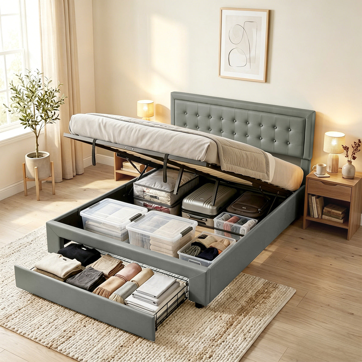 HOMCOM Pu Leather King Bed Frame With Storage And Adjustable Headboard, Grey