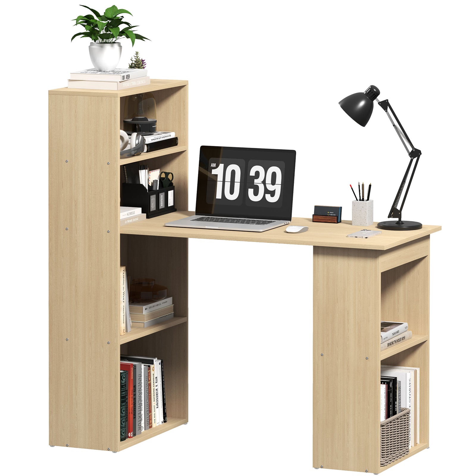120cm Computer Desk Bookshelf Writing Table 6 Shelves | Natural