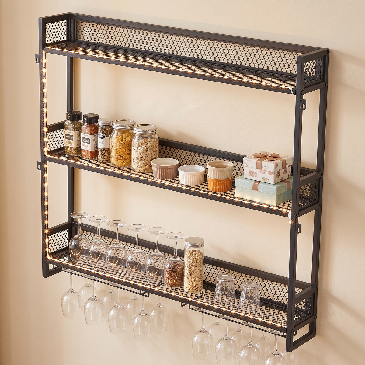 3-tier Wall-mounted Metal Wine Rack With Stemware Holders & Led Strip