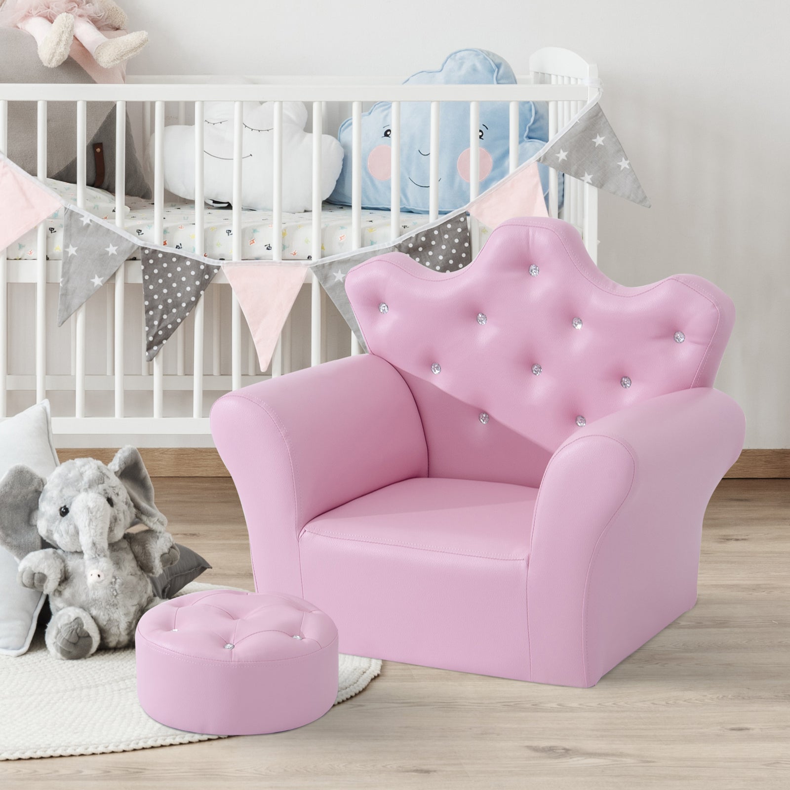 2 Pcs Kids Sofa And Ottoman Child Size Armchair For Girls Age 3-7 Pink