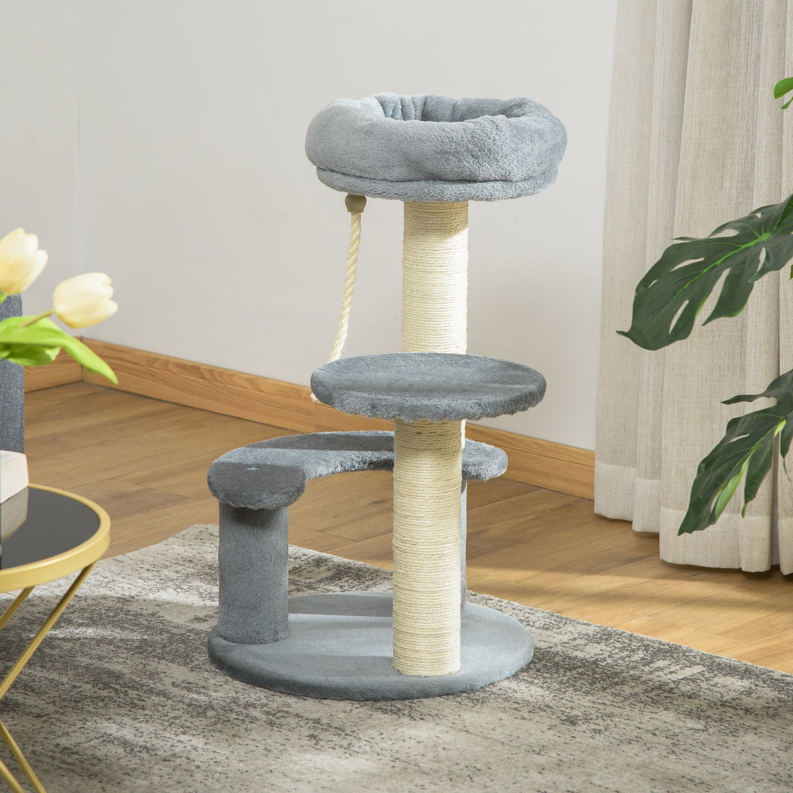 Cat Tree Scratcher Kitty Activity Center 2 Perch Sisal Rope | Gray