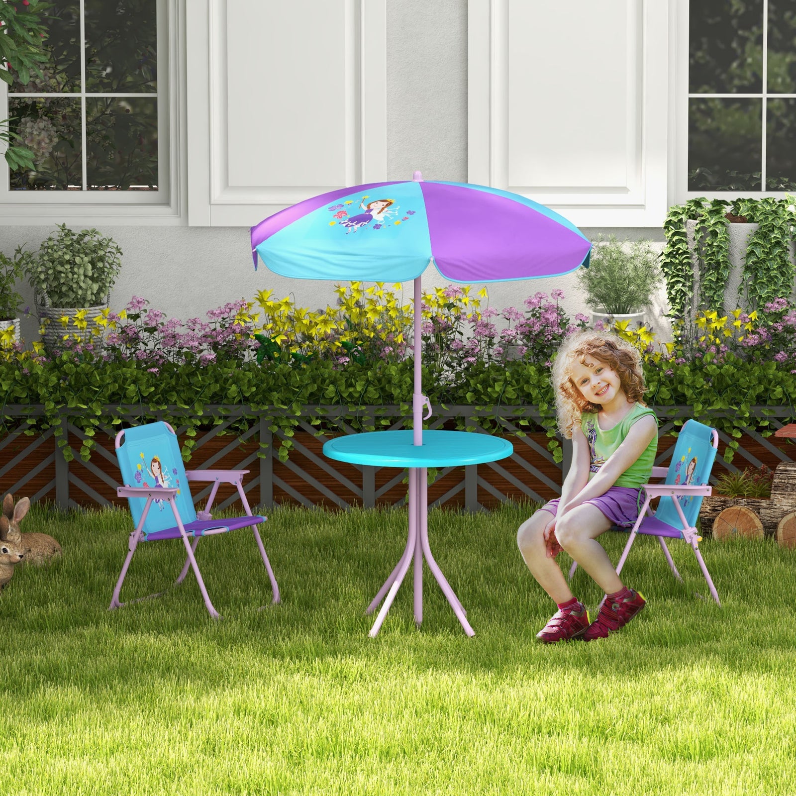 Kids Bistro Table And Chair Set W/ Fairy Theme, Adjustable Parasol