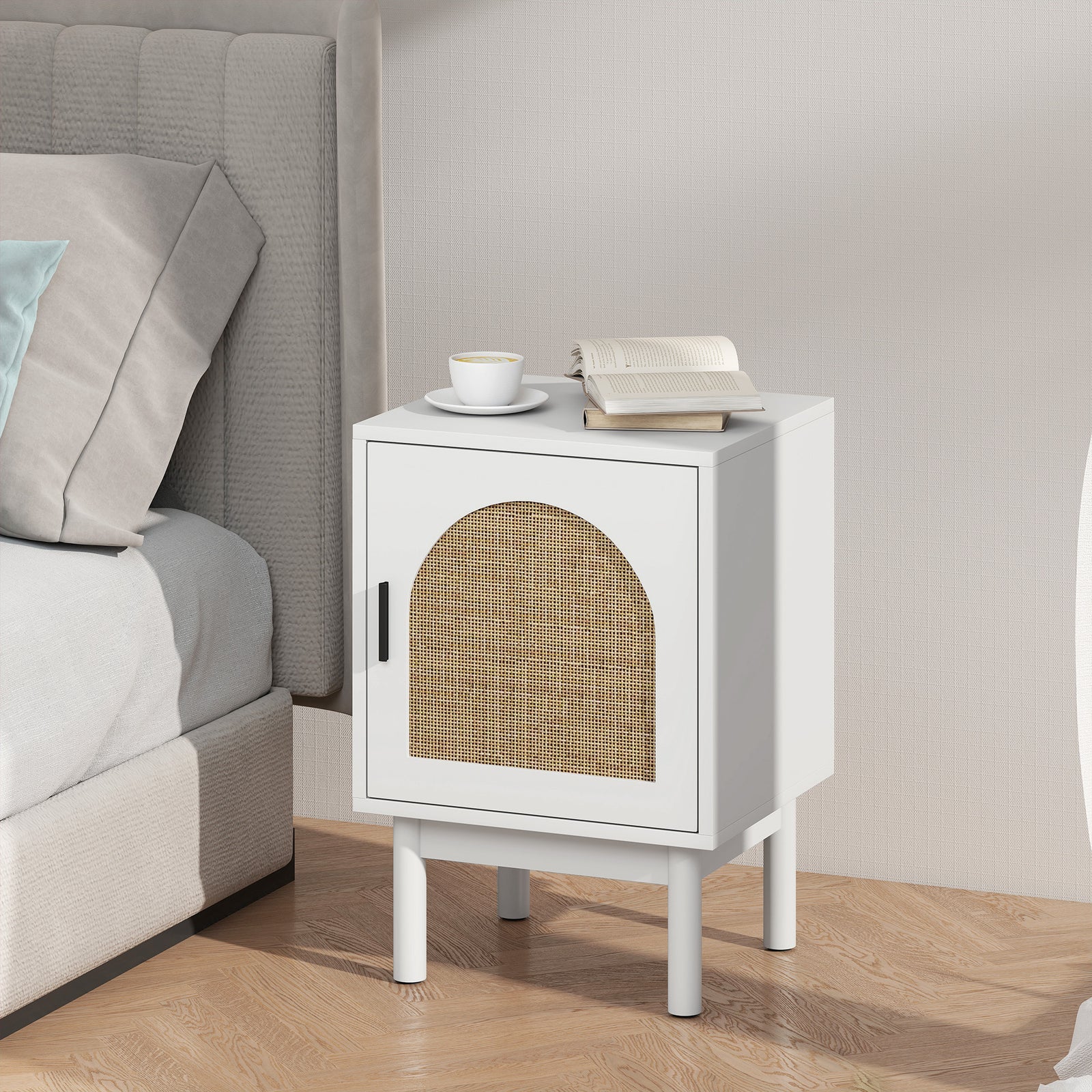 Boho Bedside Table With Rattan Door And Adjustable Shelf | White