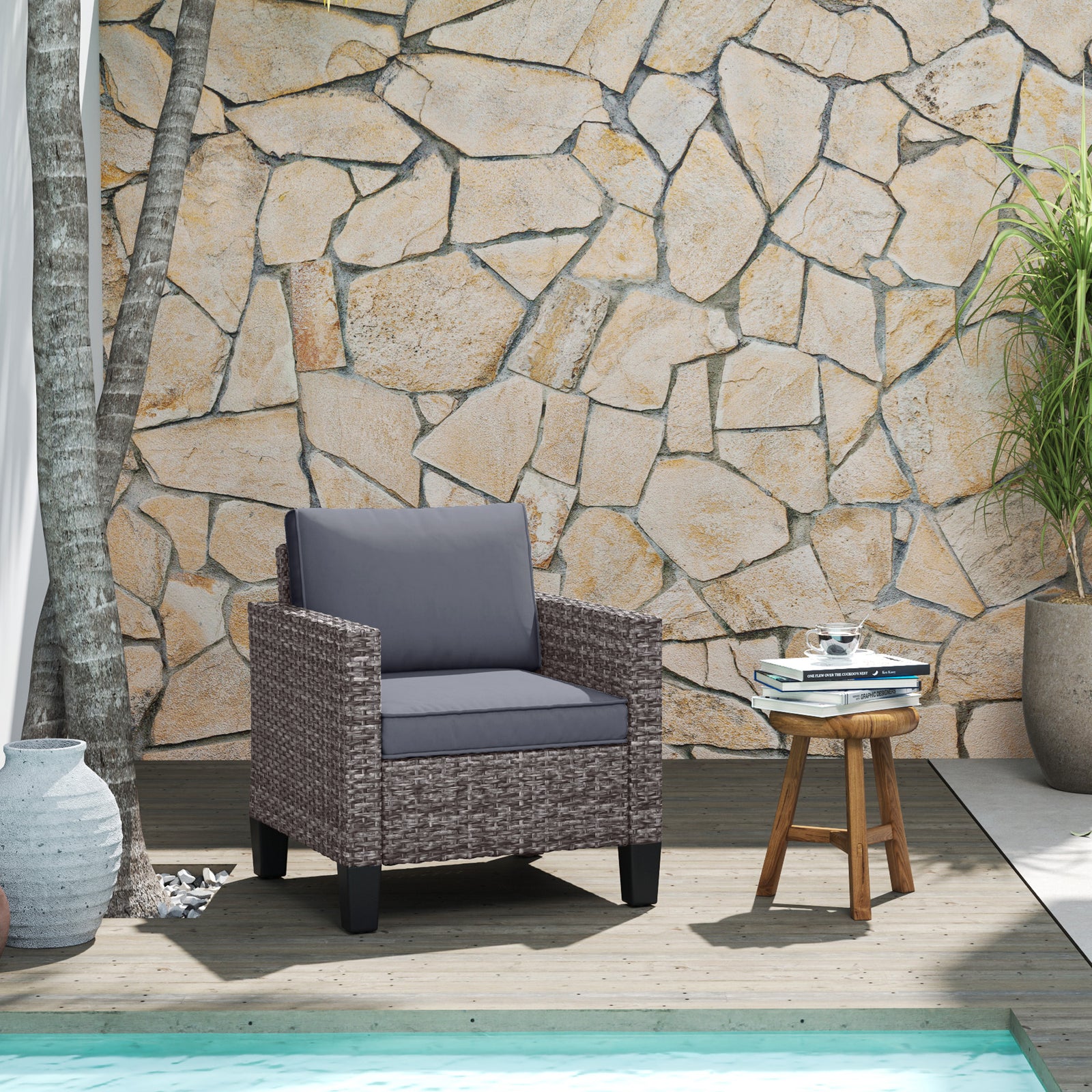 Single Rattan Chair, Garden Armchair W/ Cushions | Dark Gray