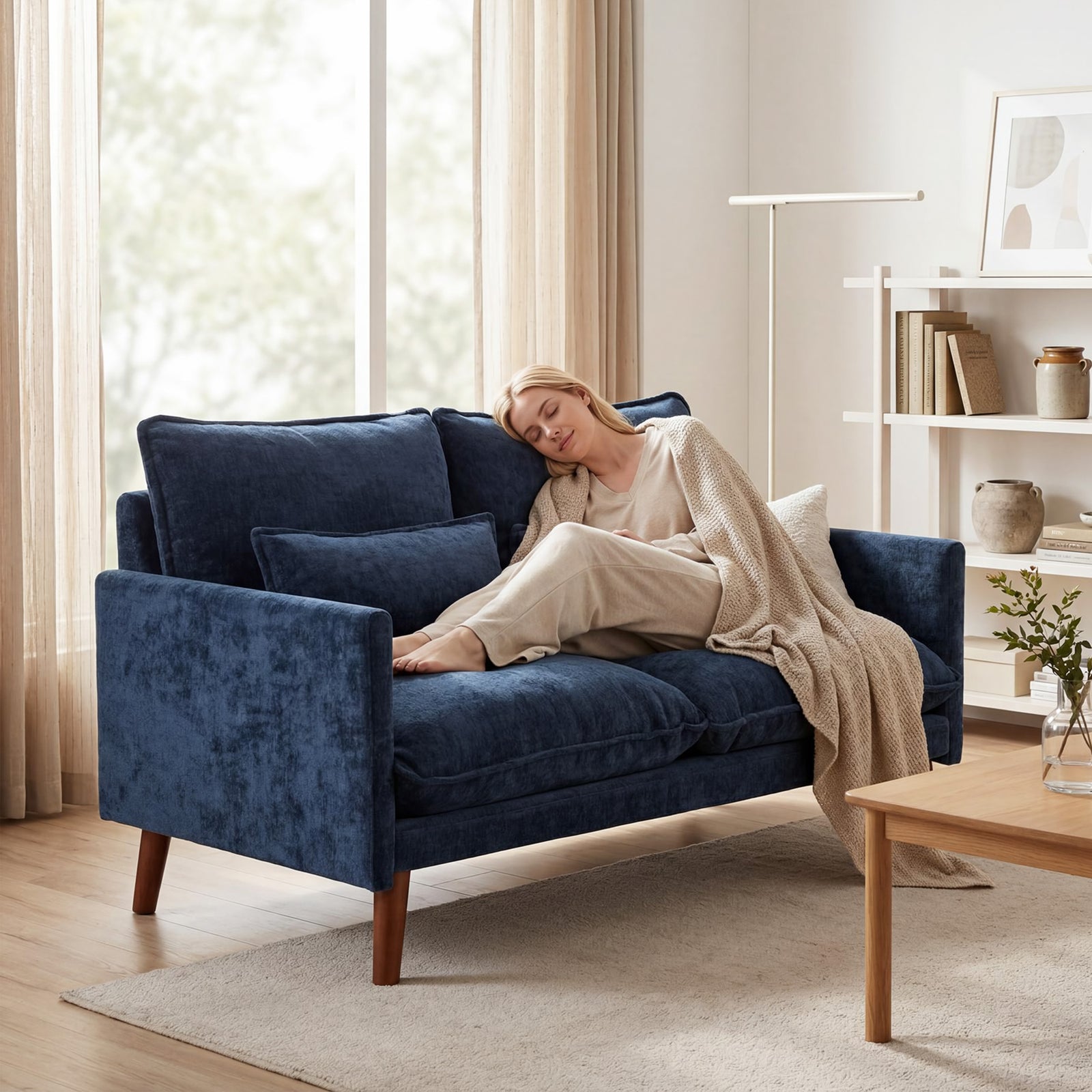 2 Seater Sofa, Modern Loveseat With Spring Cushions, Wide Seat | Blue