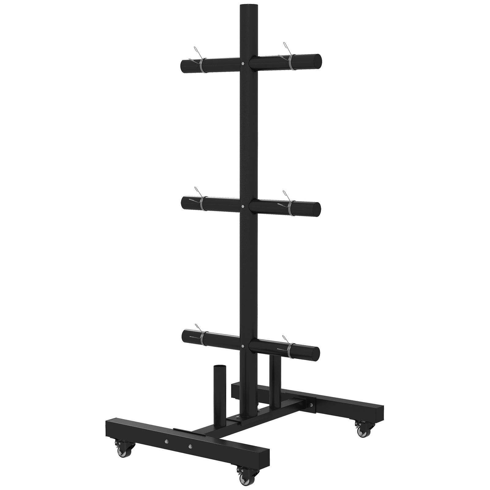 Olympic Weight Plate Rack With 4 Wheels And 6 Fasten Clamps | Black