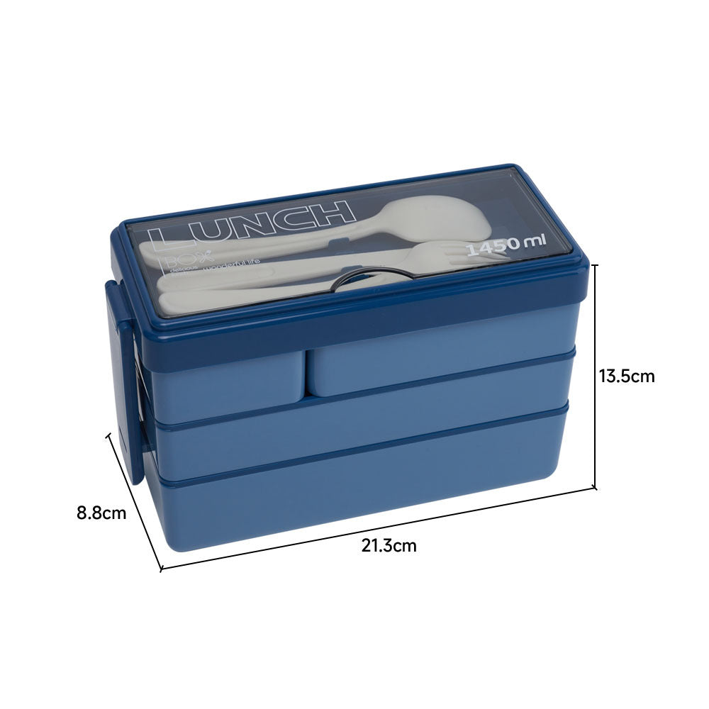 Bento-style Plastic Lunch Box With Cutlery 3-layer | Blue