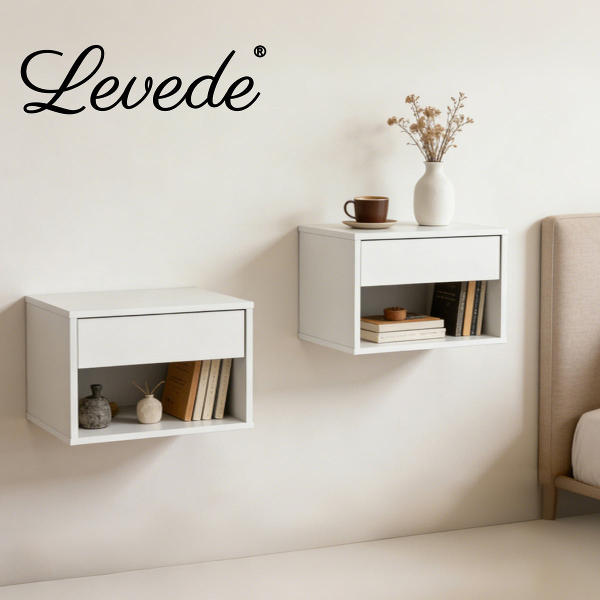 Bedside Table Floating Set Of 2 Wall Mounted Drawer Open Shelf White | White