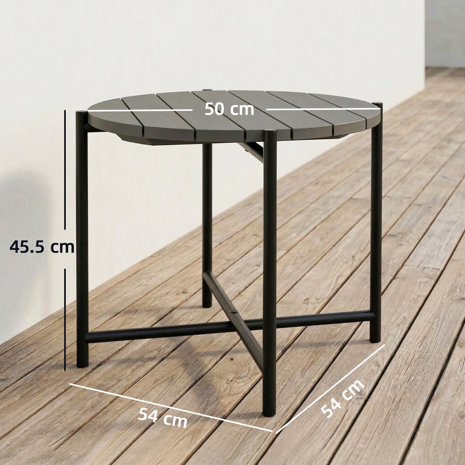 Outsunny 54 Cm Round Garden Table, Slatted Wood Top Outdoor Table, Dark Grey