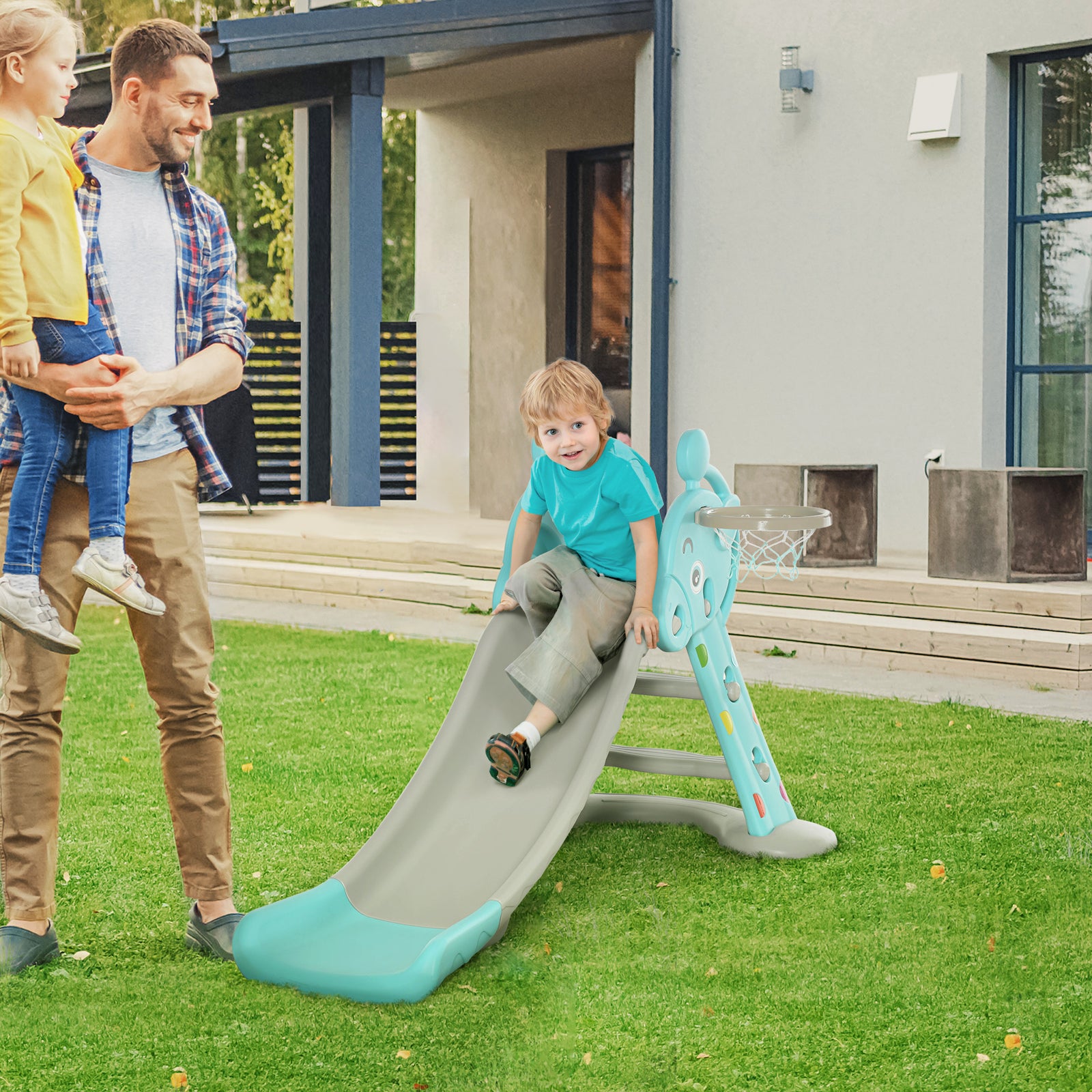 2 In 1 Kids Slide With Basketball Hoop 18 Months -4 Years Old Deer Blue