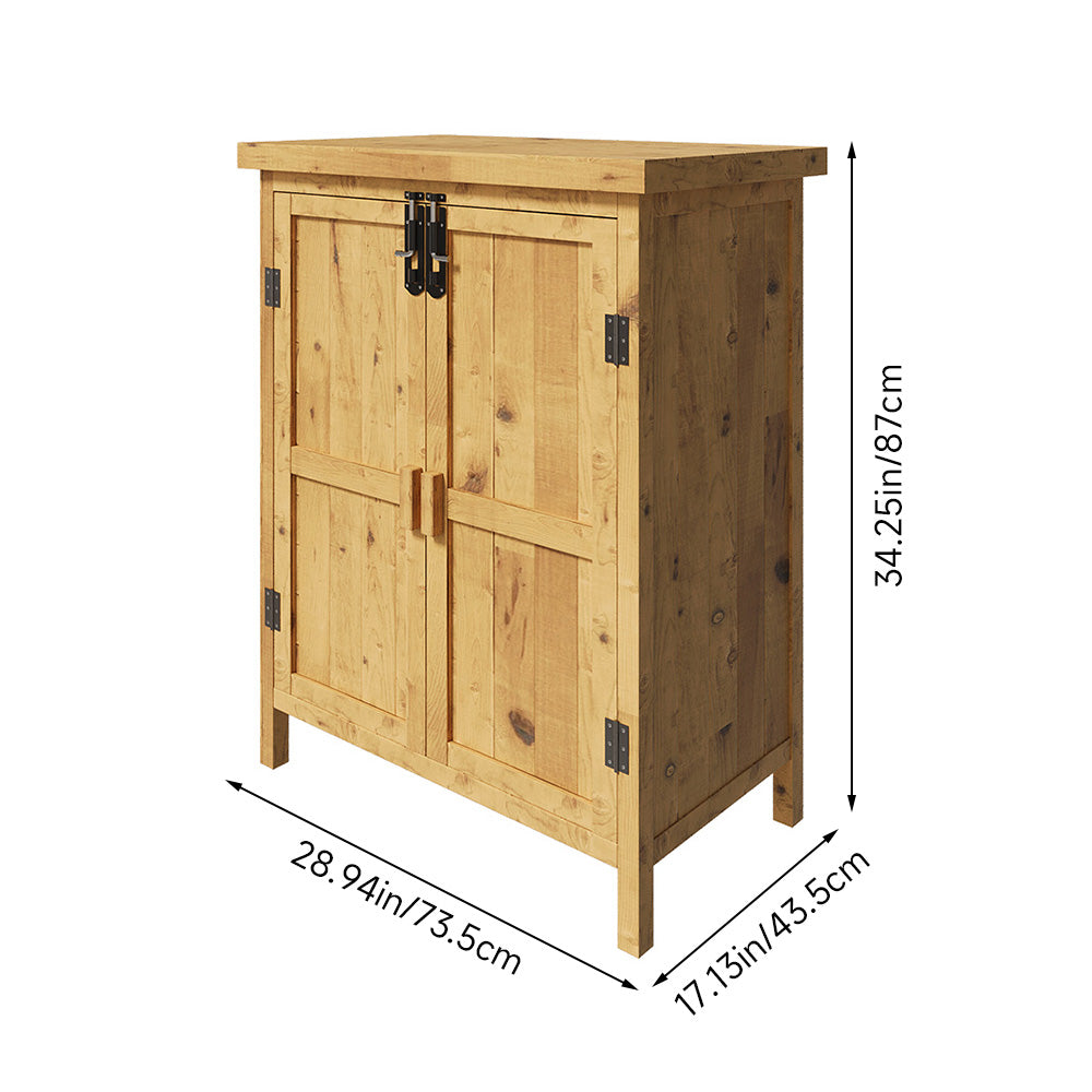 Natural Wood Color Fir Wood Storage Cabinet With Top Lid & Front Door, 2 Wooden Handles