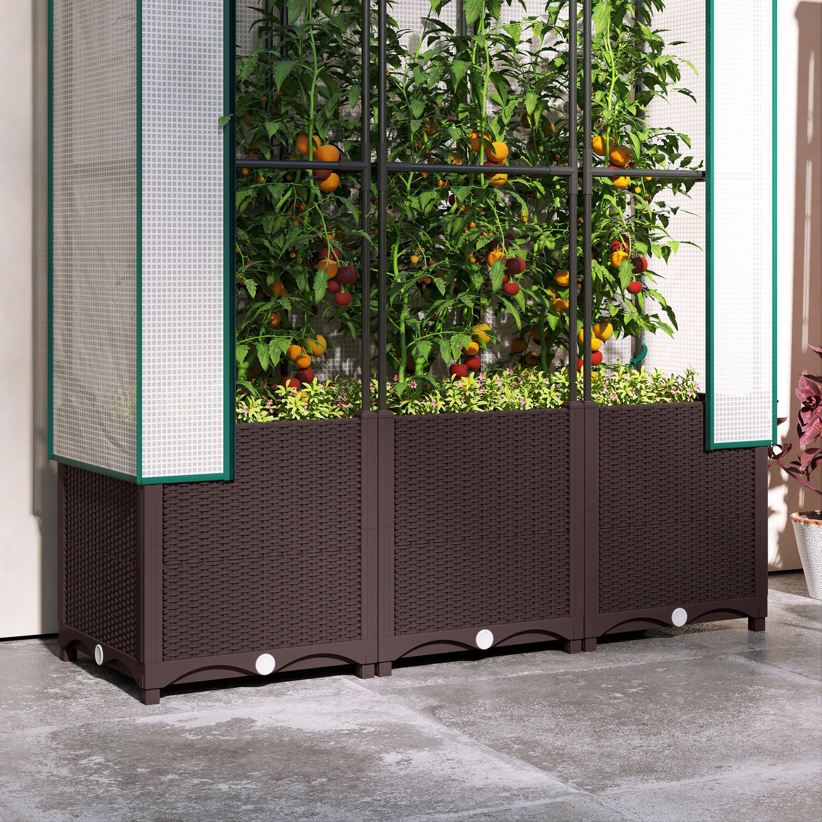 Raised Garden Bed With Trellis, Plastic Planter Box