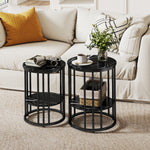 Marble-effect Round Coffee Table Set Of 2 For Living Room | Black