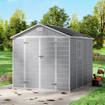 Outdoor Plastic Tool Shed With Apex Roof & Floor, Double Doors, Ventilation & Window, Lockable Backyard Storage House | 8x8ft | Grey