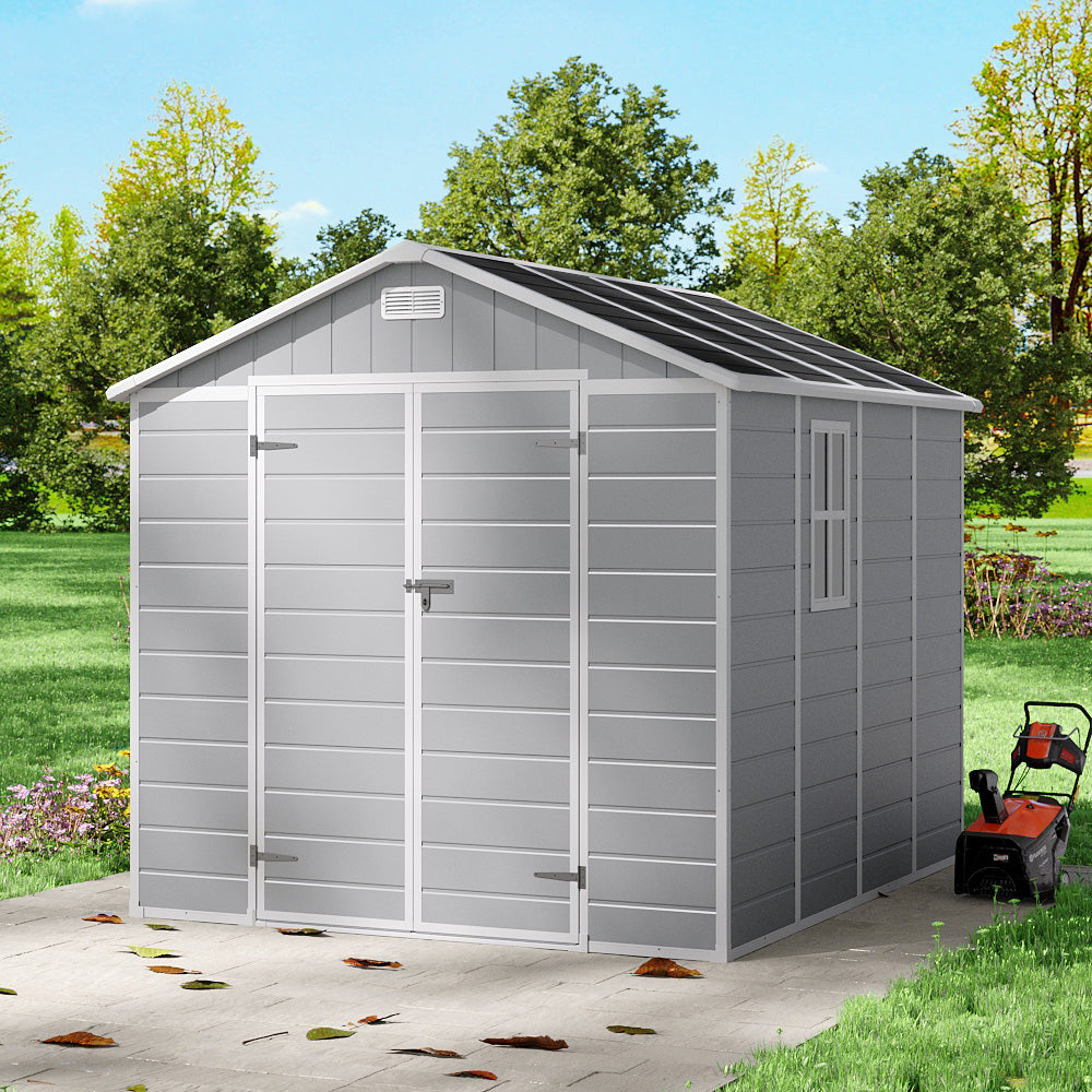 Outdoor Plastic Tool Shed With Apex Roof & Floor, Double Doors, Ventilation & Window, Lockable Backyard Storage House | 8x8ft | Grey