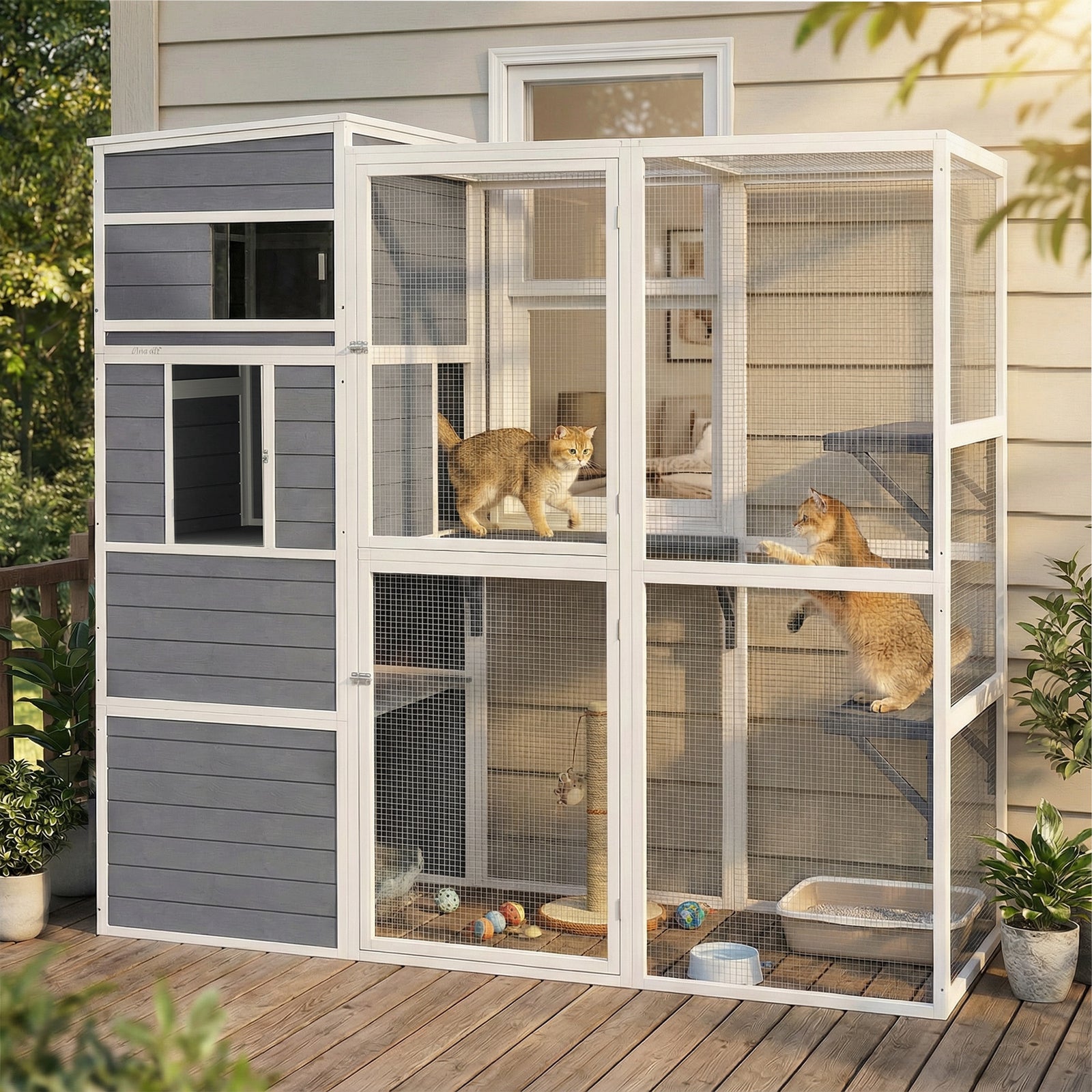 PawHut Wooden Catio With Spacious Resting Rooms, 3 Platforms, Window, Grey