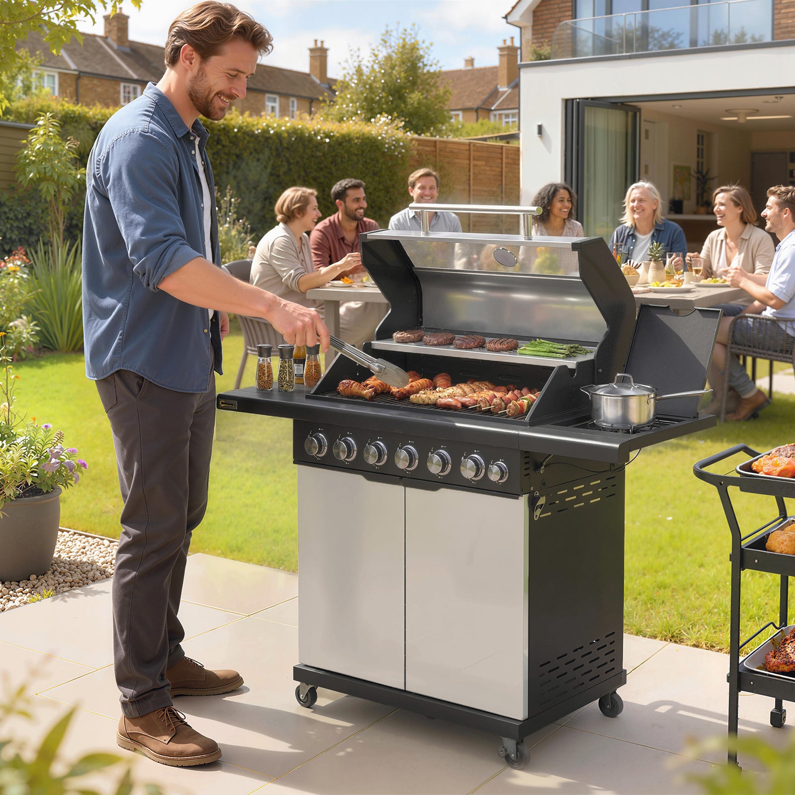 6+1 Burner Gas Bbq Grill, Barbecue Grill With Warming Rack | Silver