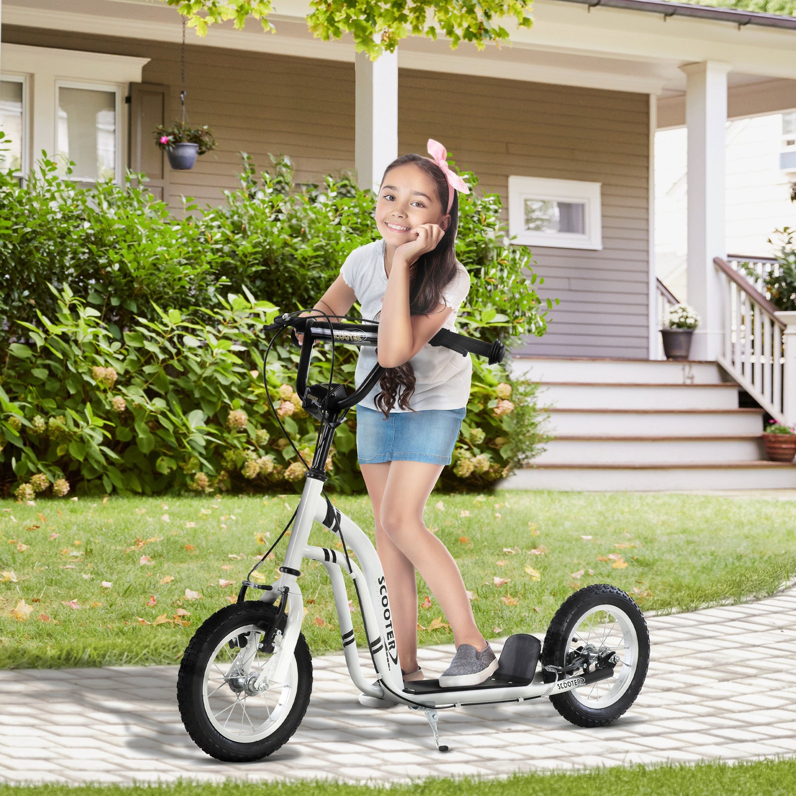 Dual Brakes Kick Scooter 12-inch Inflatable Wheel Ride On Toy For Age 5+ | White