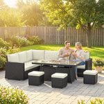 7 Pieces Rattan Garden Furniture Set W/ 50,000 Btu Fire Pit Table | Cream