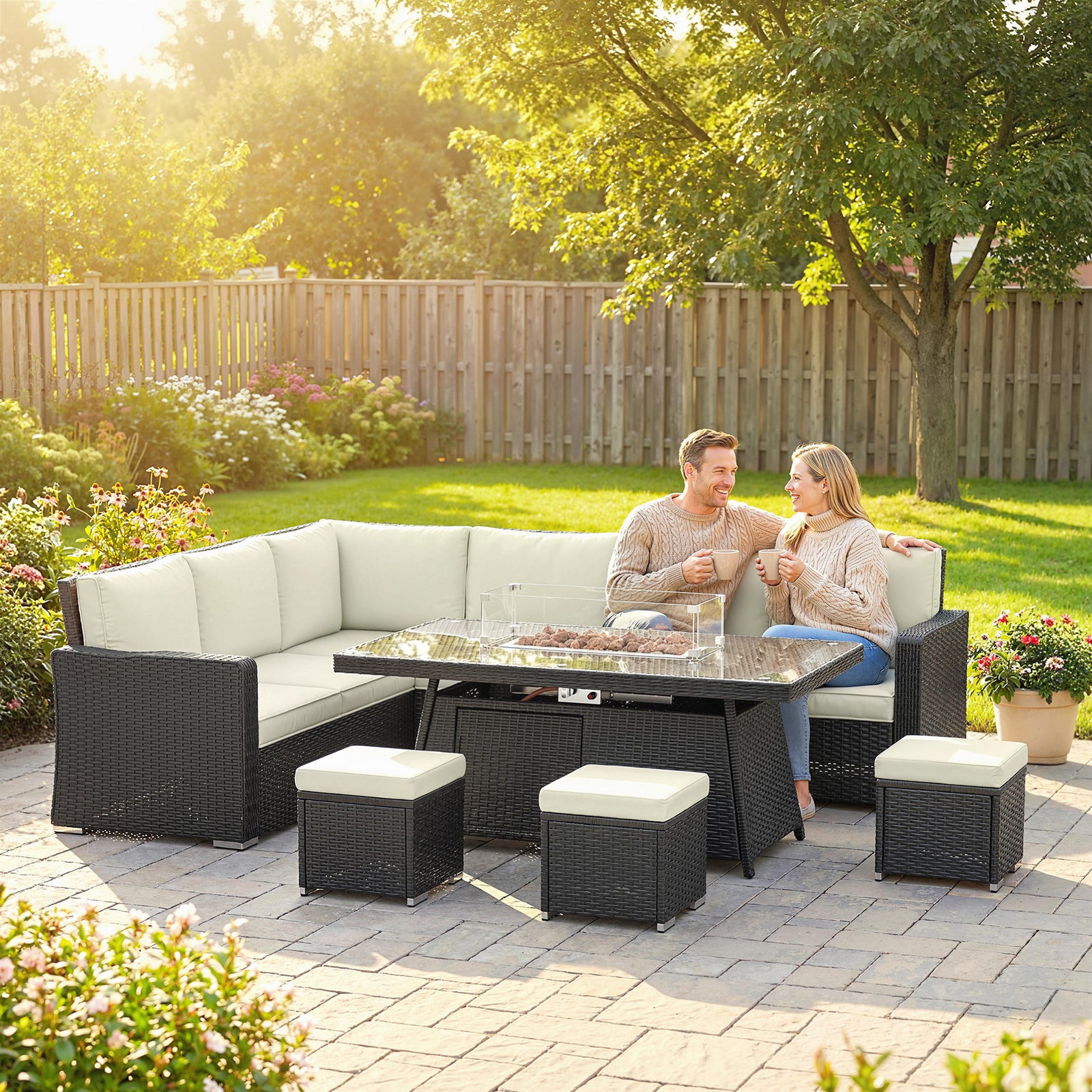 7 Pieces Rattan Garden Furniture Set W/ 50,000 Btu Fire Pit Table | Cream