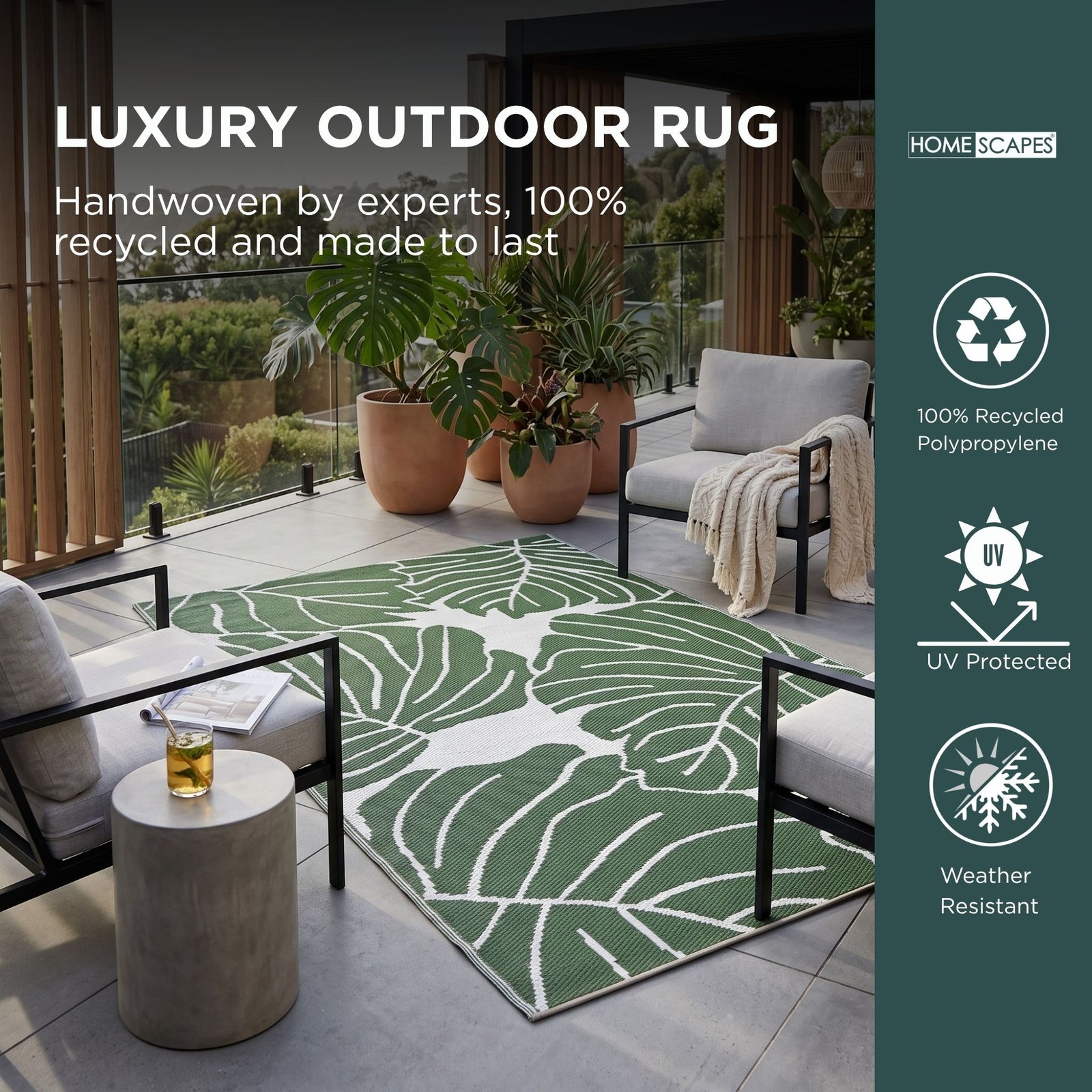 Luxury Outdoor Rug Waterproof Reversible For Garden Patio 100% Recycled, Green Ada Botanical | 180cm x 270cm | Green