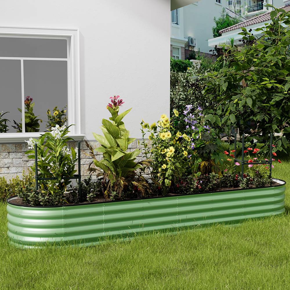 160/240/320cm W X 80cm D X 42cm H Green Raised Garden Bed With Safety Edging & Ground Stakes Oval Galvanized Steel Planter For Backyard Gardening | Large | Light Green