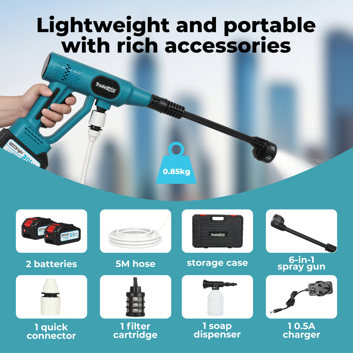 Cordless Pressure Washer 50bar/725psi Dual 4000mah  6-in-1 Nozzle Lcd | Blue