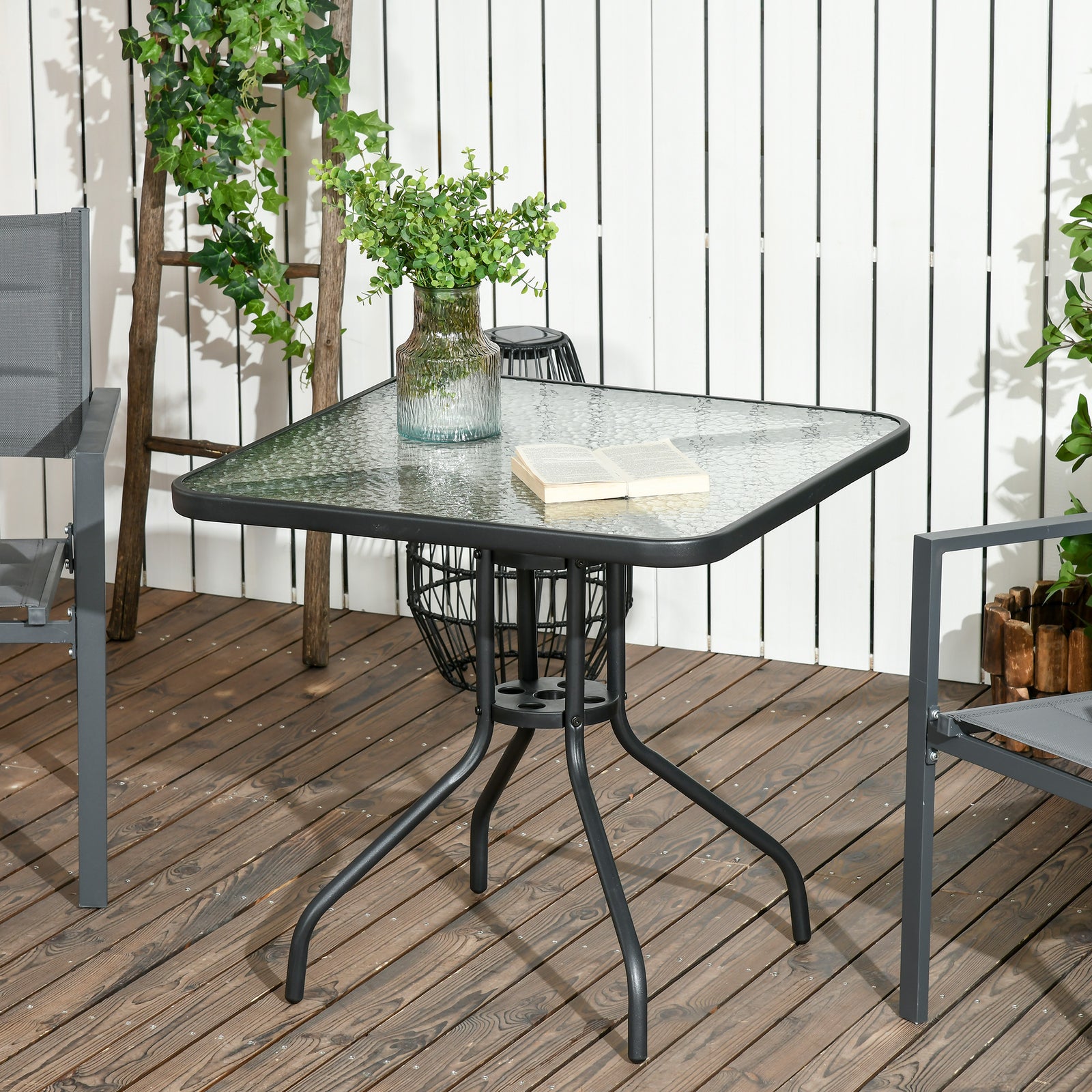 Square Patio Table, 76x76cm Glass Top W/ Umbrella Hole