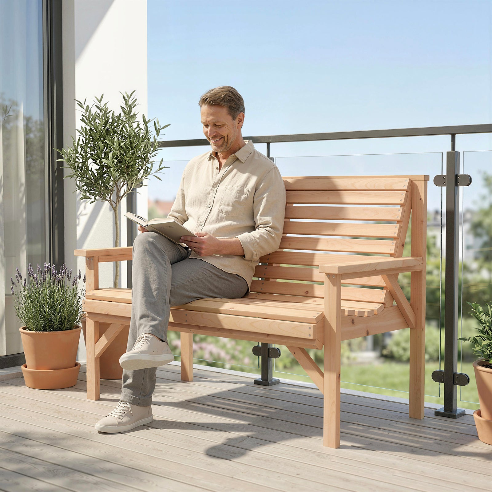 Wooden Garden Bench 2 Seater, Patio Bench For Indoor Outdoor | Natural