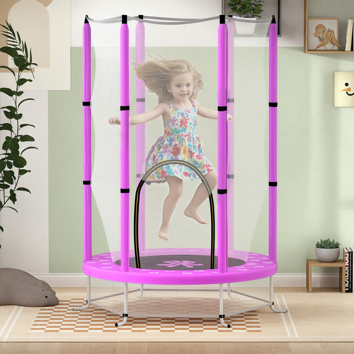 4.6ft Kids Trampoline W/ Safety Enclosure Net, For Indoor Outdoor | Purple