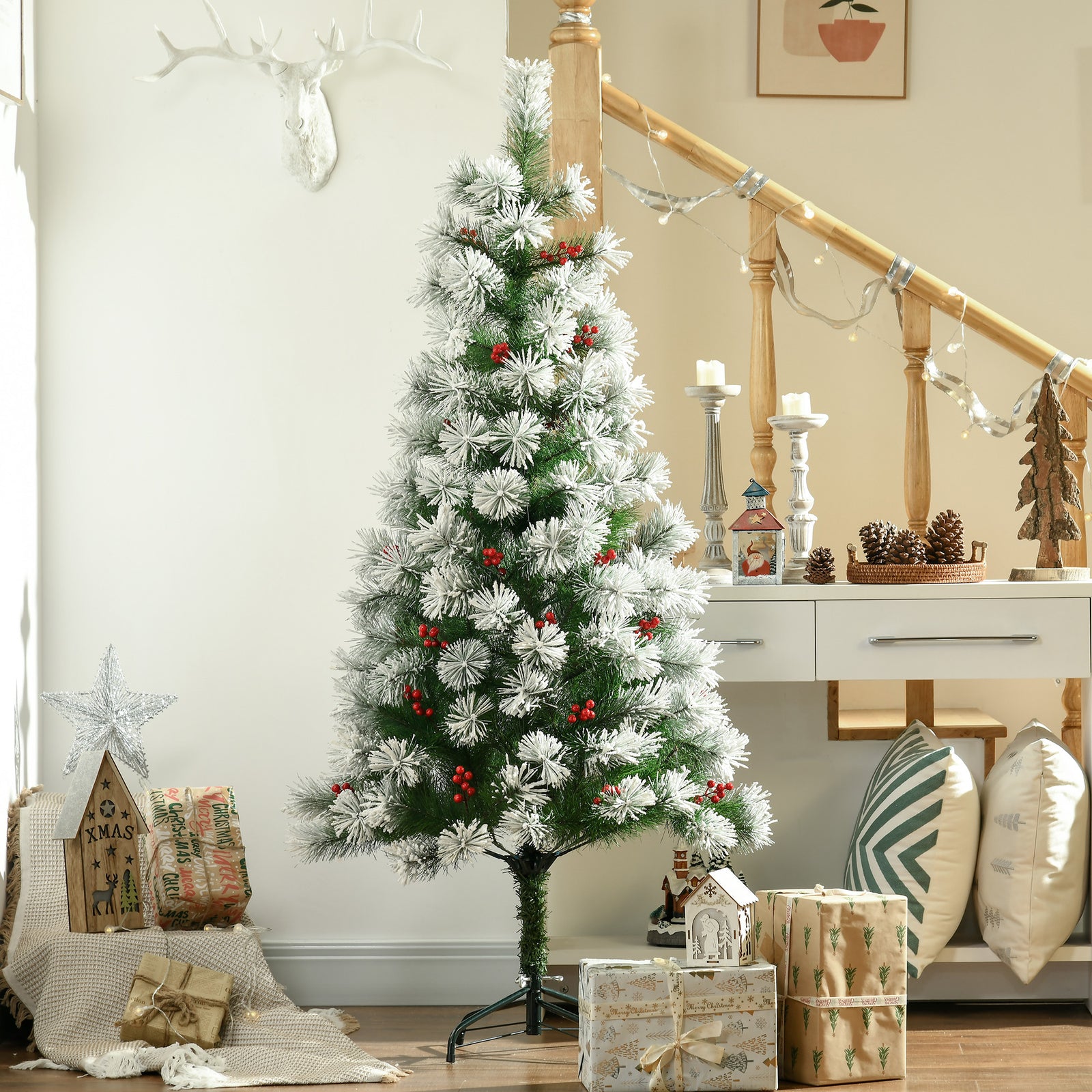 5ft Christmas Xmas Tree Pine Look And Metal Stand Snow Gift 184 Tips