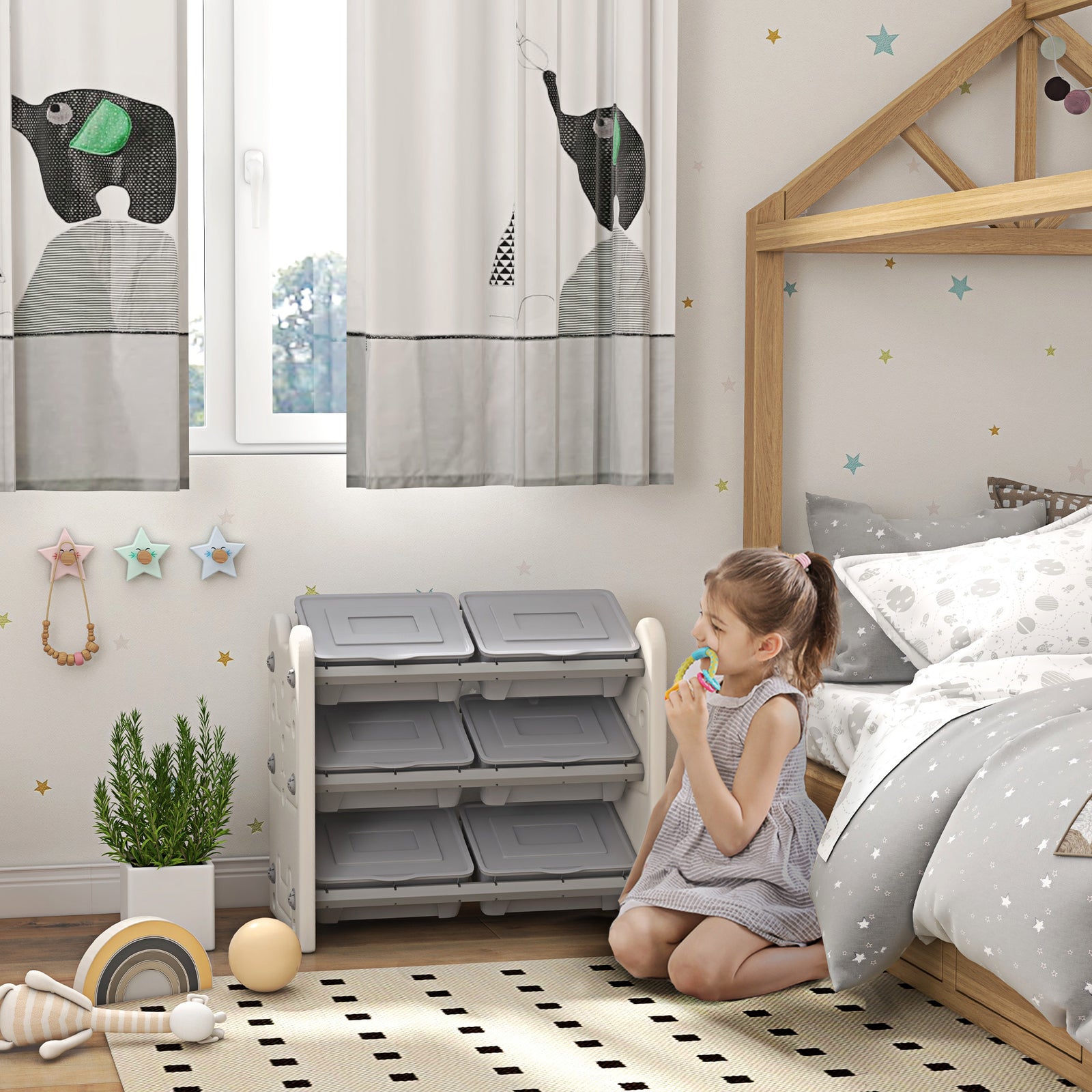 Kids Toy Storage Units With 6 Storage Boxes, 76 X 37 X 60cm, Grey