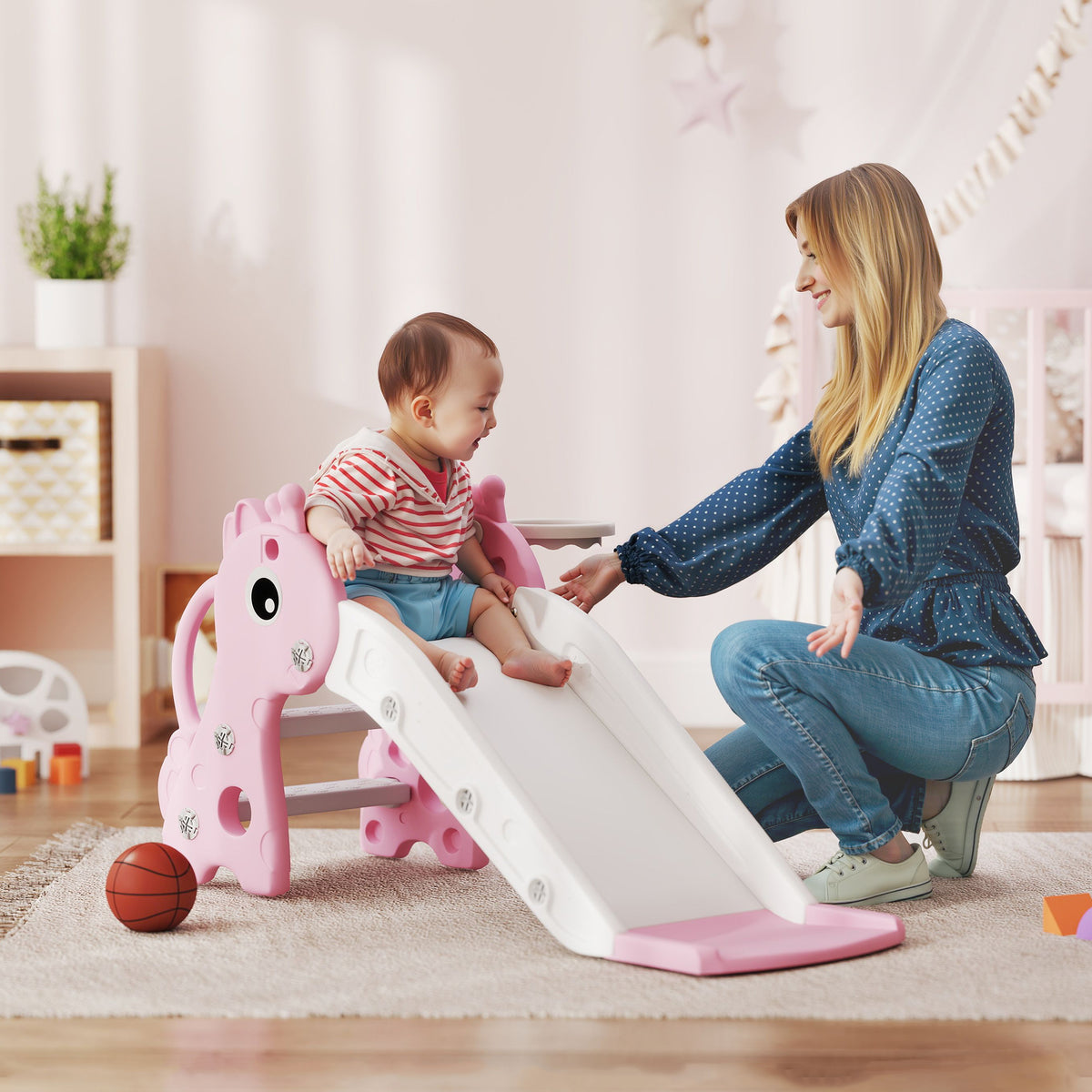 3 In 1 Kids Slide With Climber, Basketball Hoop And Ball | Pink