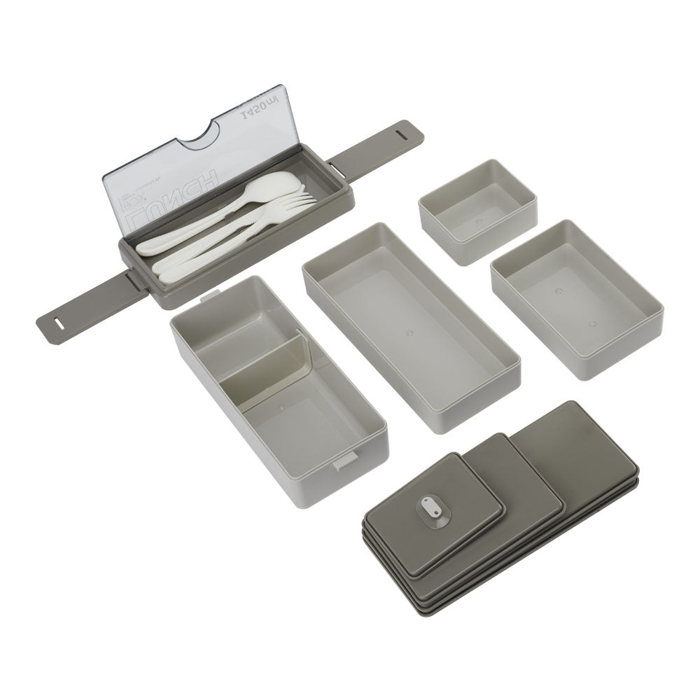 Bento-style Plastic Lunch Box With Cutlery 3-layer | Khaki