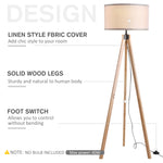 Wood Tripod Floor Lamp Elegant E27 Bulb Linen Shade | One Size | Beige