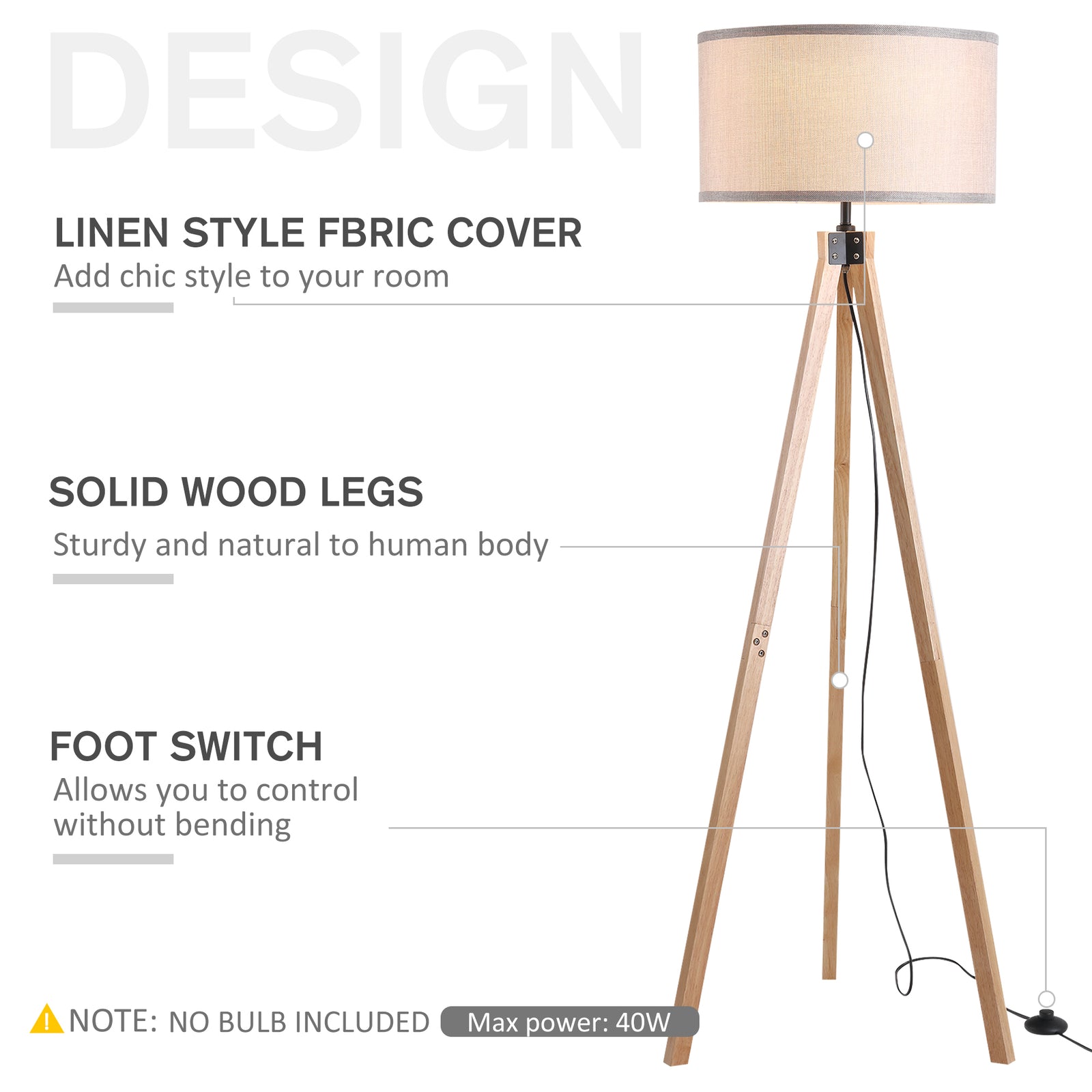 Wood Tripod Floor Lamp Elegant E27 Bulb Linen Shade | One Size | Beige